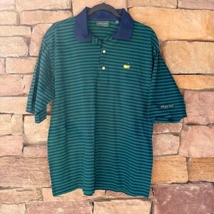 Masters LOGO  M Men Cotton Green Navy Striped Casual Golf Classic Polo Shirt